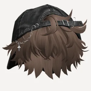 Brown Messy Anime Boy Hair w/ Y2K Distressed Hat, a Roblox hairstyle
