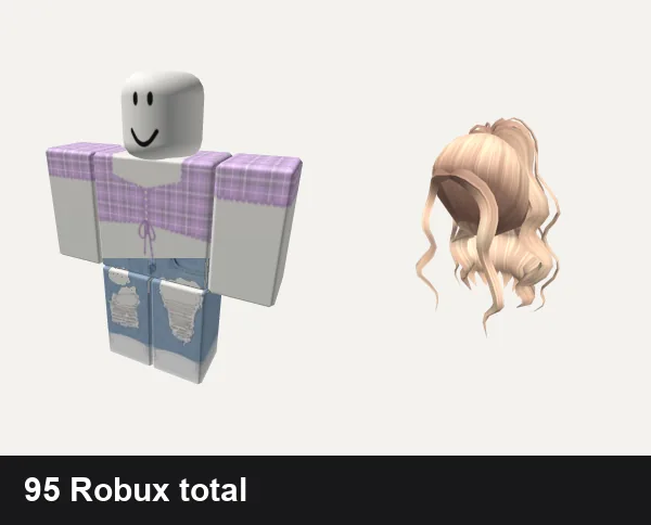 Aesthetic Roblox outfits under 100 Robux: Aesthetic purple blouse, Cute ripped Jeans Y2k aesthetic vintage girl ok, Blonde Aesthetic Curly High Ponytail