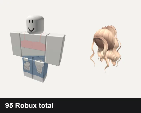 Aesthetic Roblox outfits under 100 Robux: ✅ Aesthetic pastel Pink top black white valentines, Cute ripped Jeans Y2k aesthetic vintage girl ok, Blonde Aesthetic Curly High Ponytail