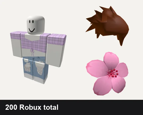 Aesthetic Roblox outfits under 200 Robux: Aesthetic purple blouse, Cute ripped Jeans Y2k aesthetic vintage girl ok, Beautiful Brown Hair for Beautiful People, Pink Hair Flower