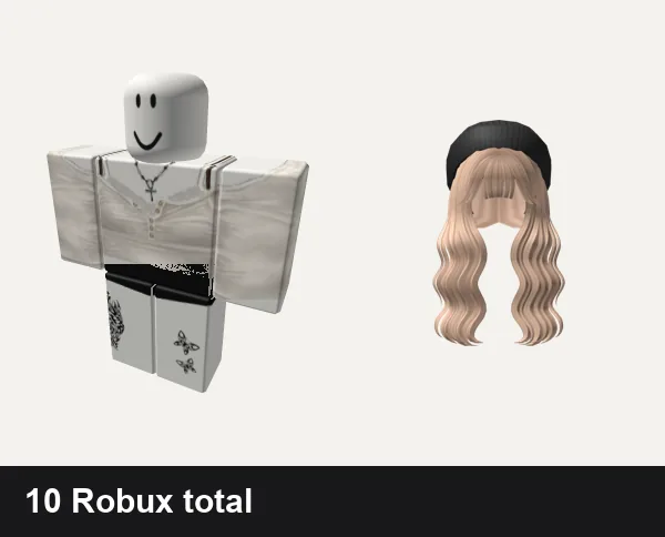 Baddie outfit 6: white necklace buttoned shirt female baddie y2k, baddie y2k black dh shorts emo aesthetic tattoo, Long Over the Shoulder Wavy w/ Beanie (Blonde)