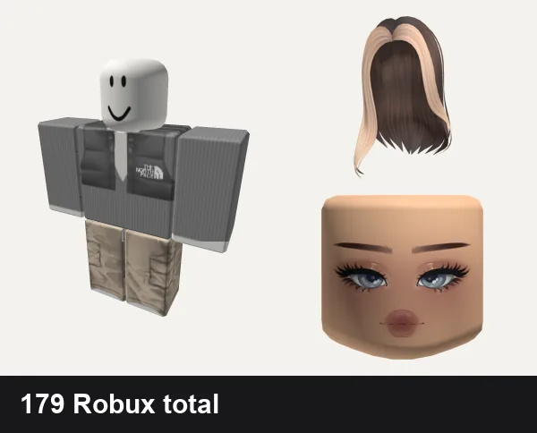 Baddie Roblox outfit ideas: grey northface chav roadman baddie romper bodysuit, baddie, Popular Girl Blonde & Brown Hair, Mean Girl Cute Mask Light Brown
