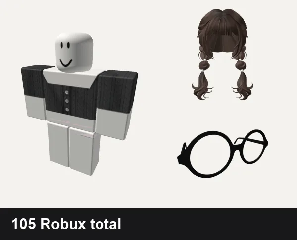 Cute Roblox outfit ideas: 🍀Cute Button Crop Top - Black, pink cute doll kawaii skirt pants, 🍀Cute Two-side French Braids (Brown), Rounded Cute Anime Glasses