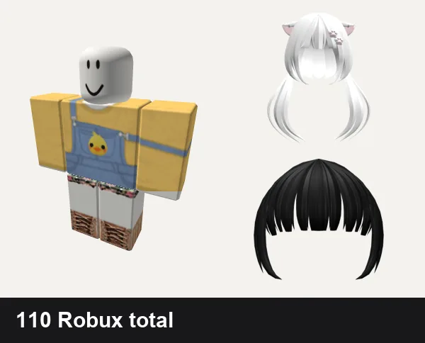 Cute Roblox outfit ideas: 🐣Cute easter chick overalls🐣 eatser chicken, ✪ Floral Designer Cute Outfit, ノ꒰ (FREE UGC) Kitty pigtails white w/ cute clip♡, Cute Full Bangs (Black)