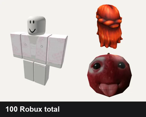Cute outfit under 100 Robux: pink cute doll kawaii, pink cute doll kawaii skirt pants, Belle Of Belfast Long Red Hair, Silly Cute Niche Apple AI Fruit Head Mask