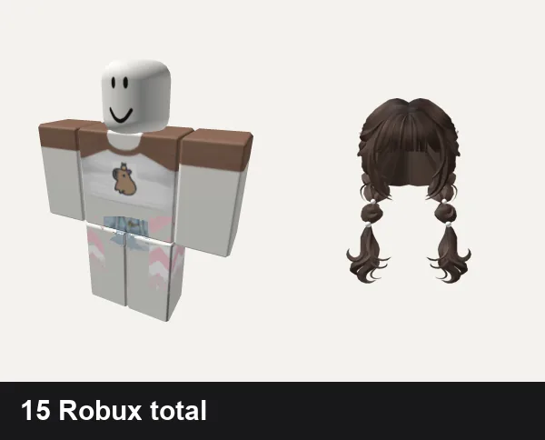 Cute Roblox outfits under 100 Robux: Cute Capybara Shirt, 💛 Cute Girls Outfit Stripey Vibes ⏫, 🍀Cute Two-side French Braids (Brown)