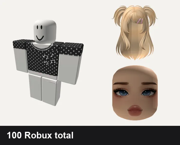 Cute outfit under 100 Robux: cute polkadot matching dahood music notes aw, pink cute doll kawaii skirt pants, ❤️ FREE CODE: S014 ❤️ | Cute Blonde hair W/pigtail, Cold Blushy Cute Girl