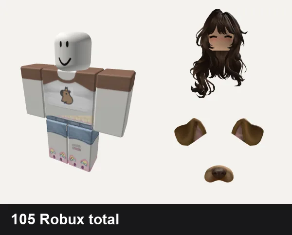 Cute Roblox outfits under 200 Robux: Cute Capybara Shirt, ༺ Cute ♡ Cutecore ♡ Core ༻, Cute Long Wavy Brown Hair With Blush 3.0, cute kawaii puppy face filter