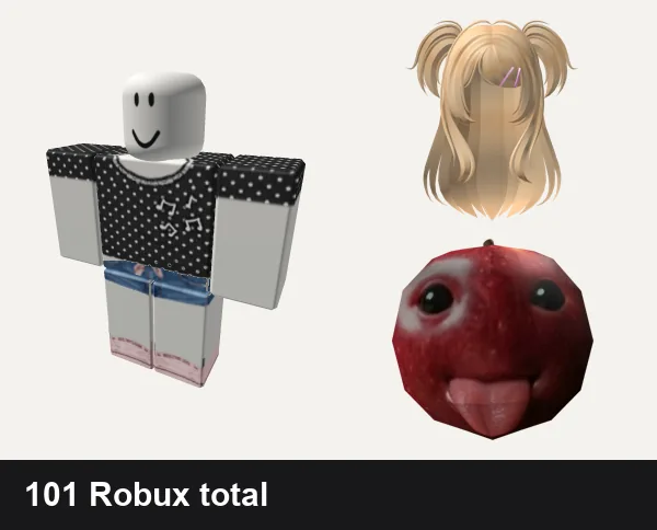 Cute outfit under 200 Robux: cute polkadot matching dahood music notes aw, 💗 Pink! Trendy Girls Cute Casual Outfit, ❤️ FREE CODE: S014 ❤️ | Cute Blonde hair W/pigtail, Silly Cute Niche Apple AI Fruit Head Mask