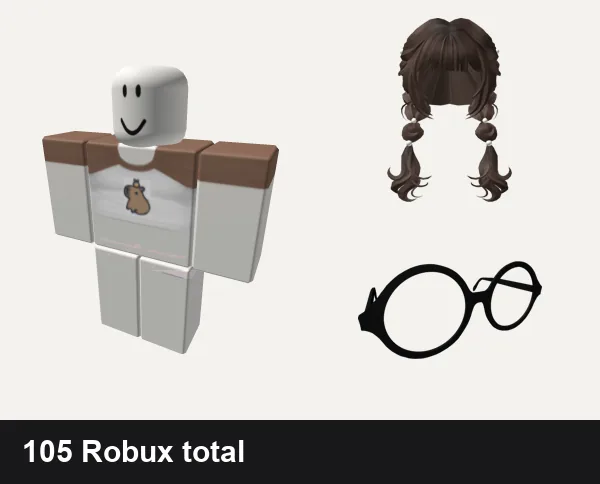Cute Roblox outfits under 200 Robux: Cute Capybara Shirt, pink cute doll kawaii skirt pants, 🍀Cute Two-side French Braids (Brown), Rounded Cute Anime Glasses