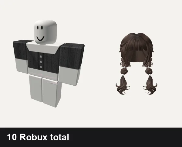 Cute Roblox outfits under 50 Robux: 🍀Cute Button Crop Top - Black, pink cute doll kawaii skirt pants, 🍀Cute Two-side French Braids (Brown)