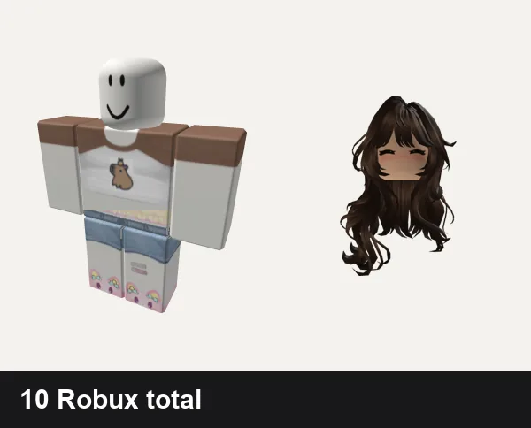 Cute Roblox outfits under 50 Robux: Cute Capybara Shirt, ༺ Cute ♡ Cutecore ♡ Core  ༻, Cute Long Wavy Brown Hair With Blush 3.0