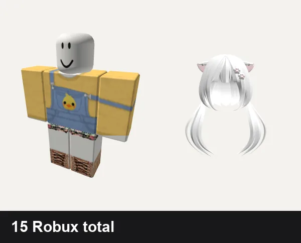 Cute Roblox outfits under 50 Robux: 🐣Cute easter chick overalls🐣 eatser chicken, ✪ Floral Designer Cute Outfit, ノ꒰ (FREE UGC) Kitty pigtails white w/ cute clip♡