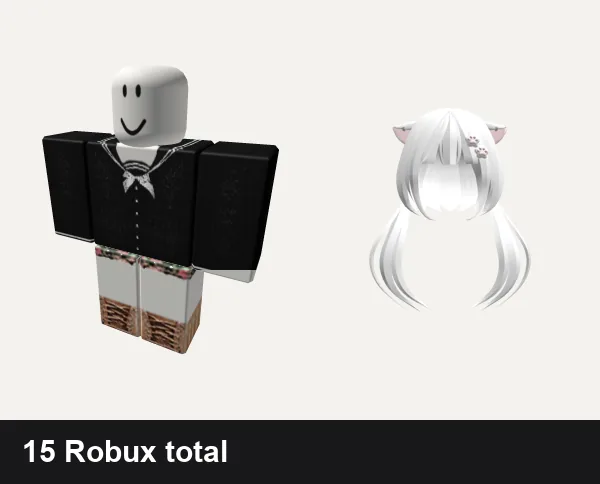 Cute Roblox outfits under 50 Robux: cute black n white kawaii uniform cutesy school, ✪ Floral Designer Cute Outfit, ノ꒰ (FREE UGC) Kitty pigtails white w/ cute clip♡
