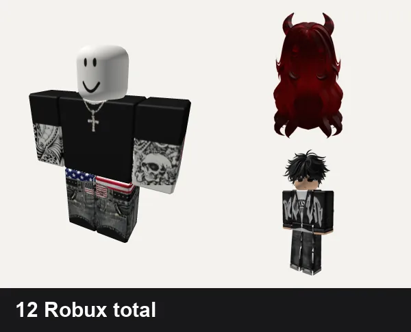 Almost free Emo Roblox outfits: Black emo shirt with chains and tattoos, y2k america USA emo, Layered Emo Girl Hair w/ Horns, Emo Boy Front