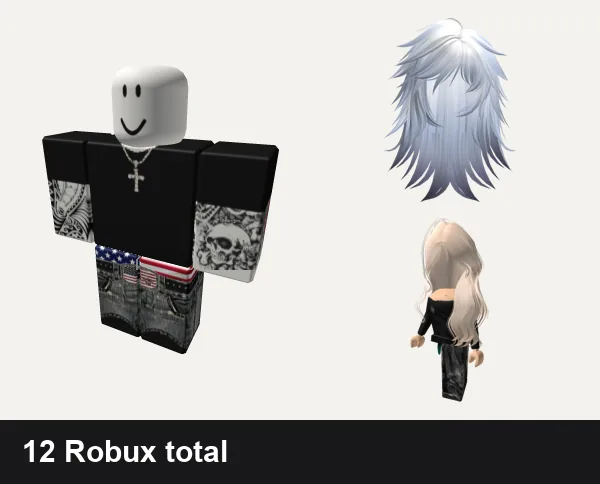 Emo Roblox outfit ideas: Black emo shirt with chains and tattoos, y2k america USA emo, Emo Wispy Straight Hair (Blueberry Frost), Emo girl Avatar