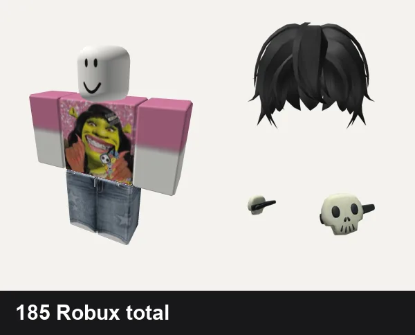 Emo Roblox outfits under 200 Robux: Shrek Emo Girl shirt, y2k white star da hood jeans outfit vkei, Black Anime Hair, Halloween Skull Hair Clips White