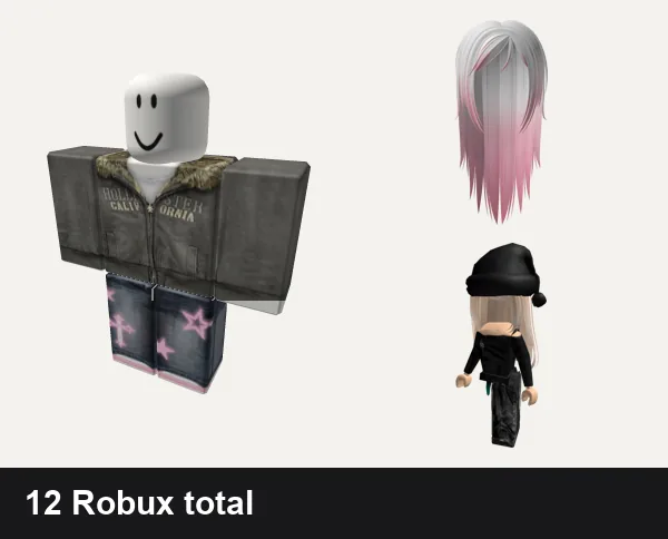 Emo Roblox outfits under 200 Robux: 2000 y2k winter emo, pink star y2k cyber jeans emo da hood cross barbie, Long Wispy Emo Hair in Blushed Rose, [Free] Emo Girl Avatar Bundle Shoulder