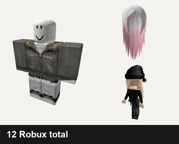 Emo Roblox outfits under 200 Robux: 2000 y2k winter emo, y2k graveyard outfit grey silver star vkei, Long Wispy Emo Hair in Blushed Rose, [Free] Emo Girl Avatar Bundle Shoulder