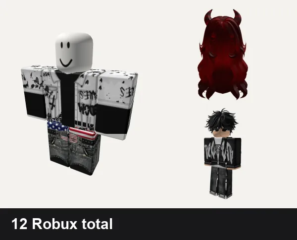 Emo Roblox outfits under 50 Robux: Emo Goth Graffiti Black and White, y2k america USA emo, Layered Emo Girl Hair w/ Horns, Emo Boy Front