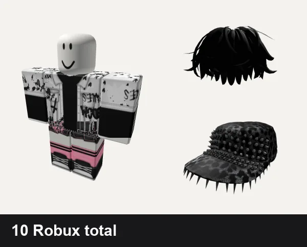 Goth outfit 18: Emo Goth Graffiti Black and White, Black and pink Y2K pretty gothic vamp skirt, Black Messy Hair, Leopard Goth Hat