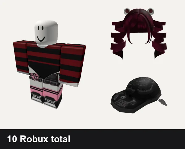 Almost free Goth Roblox outfits: Snow Leopard w Bodysuit Red Goth Femb, Black and pink Y2K pretty gothic vamp skirt, 🐹 Goth Spiral Pigtails w/ Eyes [Free], Goth Super Cloudy Cloudy Cap — FLEX UGC CODE: GOPS