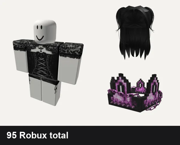 Goth outfit under 100 Robux: Goth, Black Silk Mini Dress necklace jeans y2k goth, Adorbs black long hair, Pink Goth Chained 8-Bit Crown