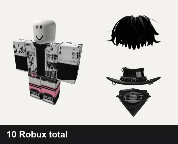 Goth outfit 28: Emo Goth Graffiti Black and White, Black and pink Y2K pretty gothic vamp skirt, Black Messy Hair, Goth Cowboy Hat with Scarf