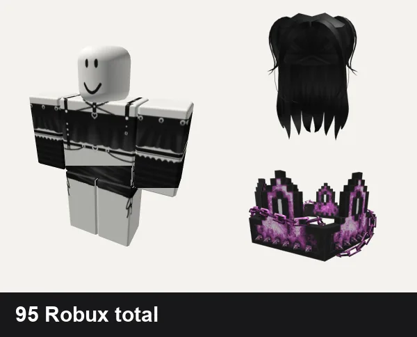 Goth outfit under 100 Robux: Black Goth Top, Black Silk Mini Dress necklace jeans y2k goth, Adorbs black long hair, Pink Goth Chained 8-Bit Crown