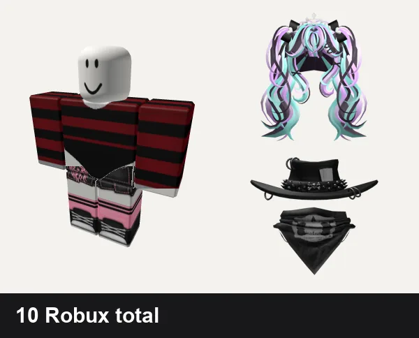 Goth Roblox outfits under 100 Robux: Snow Leopard w Bodysuit Red Goth Femb, Black and pink Y2K pretty gothic vamp skirt, Pastel Goth Princess Hair, Goth Cowboy Hat with Scarf