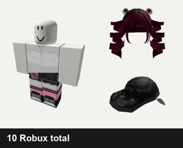 Goth Roblox outfits under 100 Robux: christmas snow cute White corset lace cottage core, Black and pink Y2K pretty gothic vamp skirt, 🐹 Goth Spiral Pigtails w/ Eyes [Free], Goth Super Cloudy Cloudy Cap — FLEX UGC CODE: GOPS