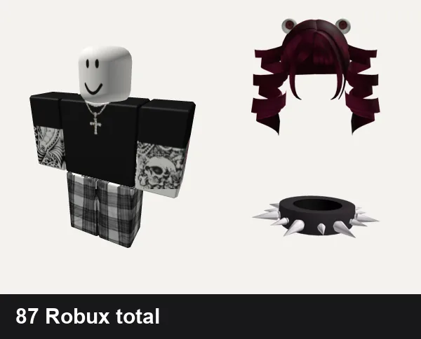 Goth Roblox outfits under 200 Robux: Black emo shirt with chains and tattoos, grey pjs plaid emo y2k vamp grunge goth dh cyber, 🐹 Goth Spiral Pigtails w/ Eyes [Free], Black Spiky Goth Necklace (3.0)