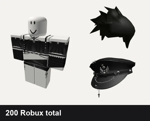 Goth outfit under 200 Robux: Black Goth Top, Black Silk Mini Dress necklace jeans y2k goth, Beautiful Hair for Beautiful People, Black Goth Captain Hat