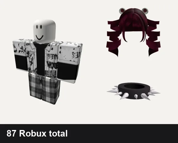 Goth Roblox outfits under 200 Robux: Emo Goth Graffiti Black and White, grey pjs plaid emo y2k vamp grunge goth dh cyber, 🐹 Goth Spiral Pigtails w/ Eyes [Free], Black Spiky Goth Necklace (3.0)