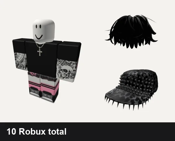 Goth outfit 24: Black emo shirt with chains and tattoos, Black and pink Y2K pretty gothic vamp skirt, Black Messy Hair, Leopard Goth Hat