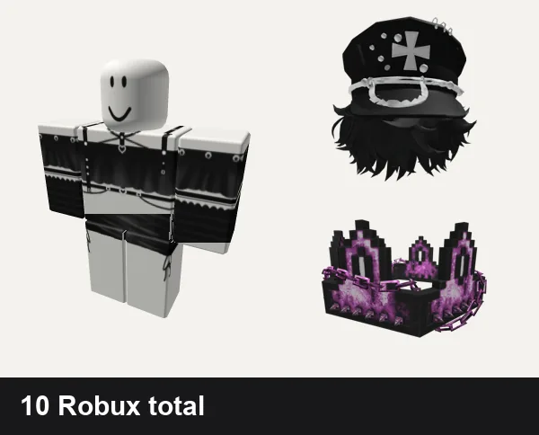Goth outfit under 50 Robux: Black Goth Top, Black Silk Mini Dress necklace jeans y2k goth, [Limited] Goth Boy Hair, Pink Goth Chained 8-Bit Crown