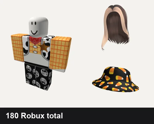 Halloween Roblox outfit ideas: woody halloween toy story matching costume, vampire epic face pjs y2k, Popular Girl Blonde & Brown Hair, Candy Corn Hat