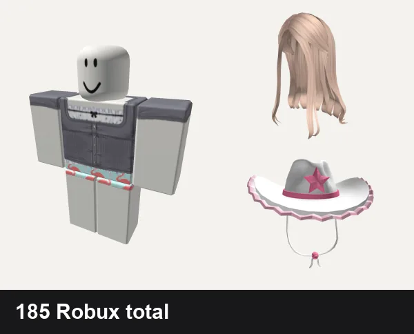 Preppy Roblox outfit ideas: ♡︎ _ preppy grey button up blouse, ✿preppy flamingo swimsuit, Long Blonde Hair, Aesthetic Preppy Cowgirl Hat