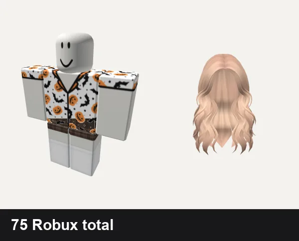 Preppy Roblox outfits under 100 Robux: ★🦇°⭑preppy halloween pjs, preppy cottage core vintage plaid dress w socks, Lush Wavy Hair (Blonde)