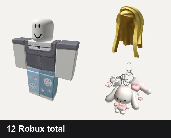 Preppy outfit under 100 Robux: ♡︎ _ preppy grey button up blouse, Preppy Smile Set In Teal! ° 。˚ ✰, Straight Blonde Hair, 🍀Preppy Pink Bunny Keychain