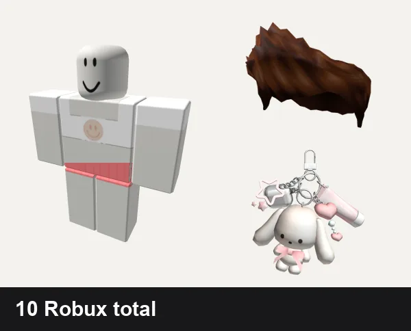 Preppy Roblox outfits under 200 Robux: white and pink smiley preppy top!, 💞Preppy x gabs Summer Pink Blue Set🦩✈️, Brown Charmer Hair, 🍀Preppy Pink Bunny Keychain