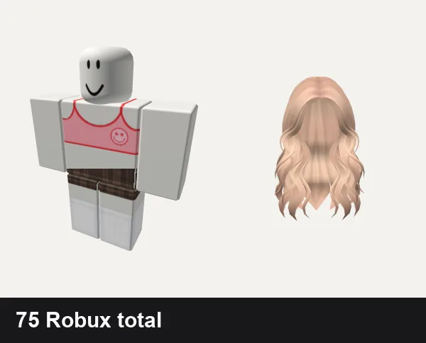 Preppy Roblox outfits under 200 Robux: • preppy smiley face shirt [in set], preppy cottage core vintage plaid dress w socks, Lush Wavy Hair (Blonde)