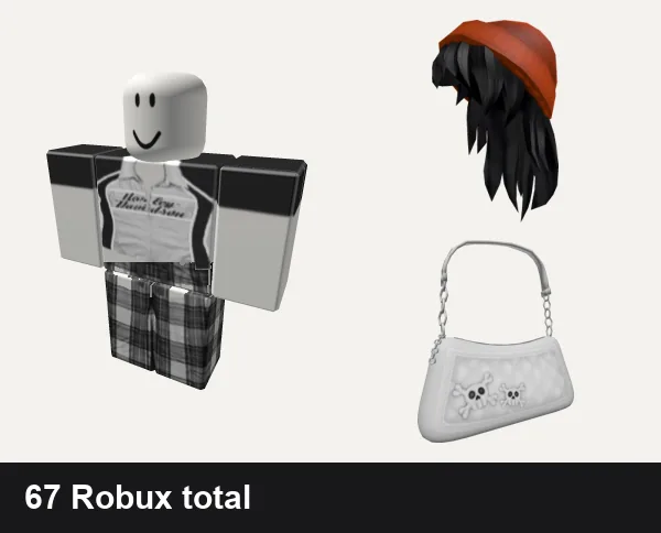 Streetwear outfit under 100 Robux: 𝕮𝕲 🤍 y2k white harley racer punk cyber crop top, grey pjs plaid emo y2k vamp grunge goth dh cyber, Orange Beanie with Black Hair, Y2K Grunge White Shoulder Bag