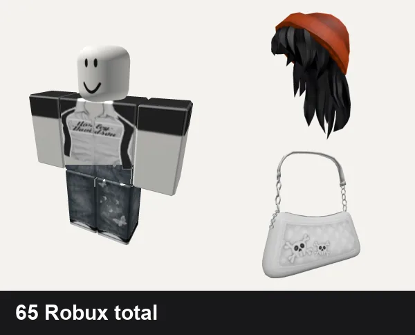 Streetwear Roblox outfits under 100 Robux: 𝕮𝕲 🤍 y2k white harley racer punk cyber crop top, y2k grunge swag punk cyber streetwear vamp emo ok, Orange Beanie with Black Hair, Y2K Grunge White Shoulder Bag