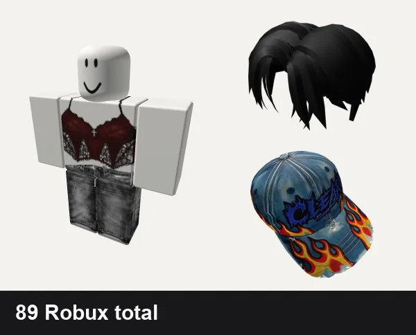 Streetwear Roblox outfits under 100 Robux: Cute red and black grunge girl classic shirt, vamp emo cyber y2k streetwear grim rock evade vkei, Cool Boy Hair, Clear Streetwear Flame Hat | Code: ClrHat