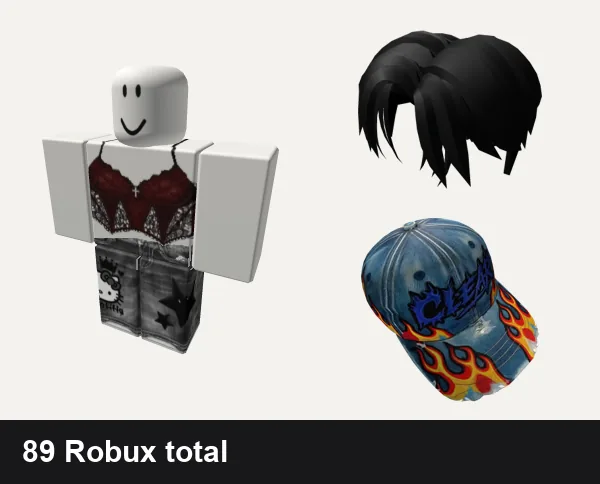 Streetwear Roblox outfits under 100 Robux: Cute red and black grunge girl classic shirt, grey y2k star da hood jeans emo cute streetwear, Cool Boy Hair, Clear Streetwear Flame Hat | Code: ClrHat