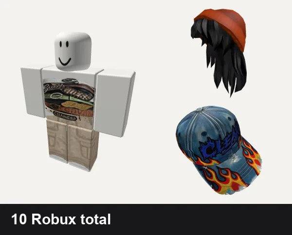 Streetwear Roblox outfits under 200 Robux: belt stack y2k streetwear top, beige emo khaki grunge y2k goth emo extreme boy, Orange Beanie with Black Hair, Clear Streetwear Flame Hat | Code: ClrHat