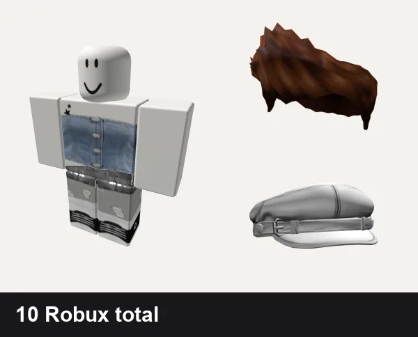 Streetwear Roblox outfits under 200 Robux: acubi thrifted jeans y2k streetwear 2000s, y2k grunge ludic punk cyber streetwear vamp emo ok, Brown Charmer Hair, White Grunge Beret Y2K