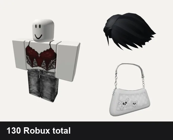 Streetwear Roblox outfits under 200 Robux: Cute red and black grunge girl classic shirt, vamp emo cyber y2k streetwear grim rock evade vkei, Black Short Parted Hair, Y2K Grunge White Shoulder Bag