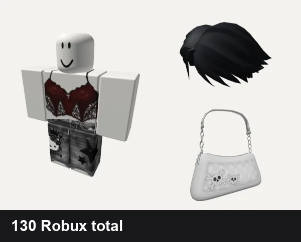 Streetwear Roblox outfits under 200 Robux: Cute red and black grunge girl classic shirt, grey y2k star da hood jeans emo cute streetwear, Black Short Parted Hair, Y2K Grunge White Shoulder Bag